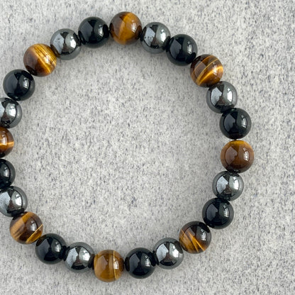 Yellow Tiger Eye, Onyx & Hematite Beaded Bracelet