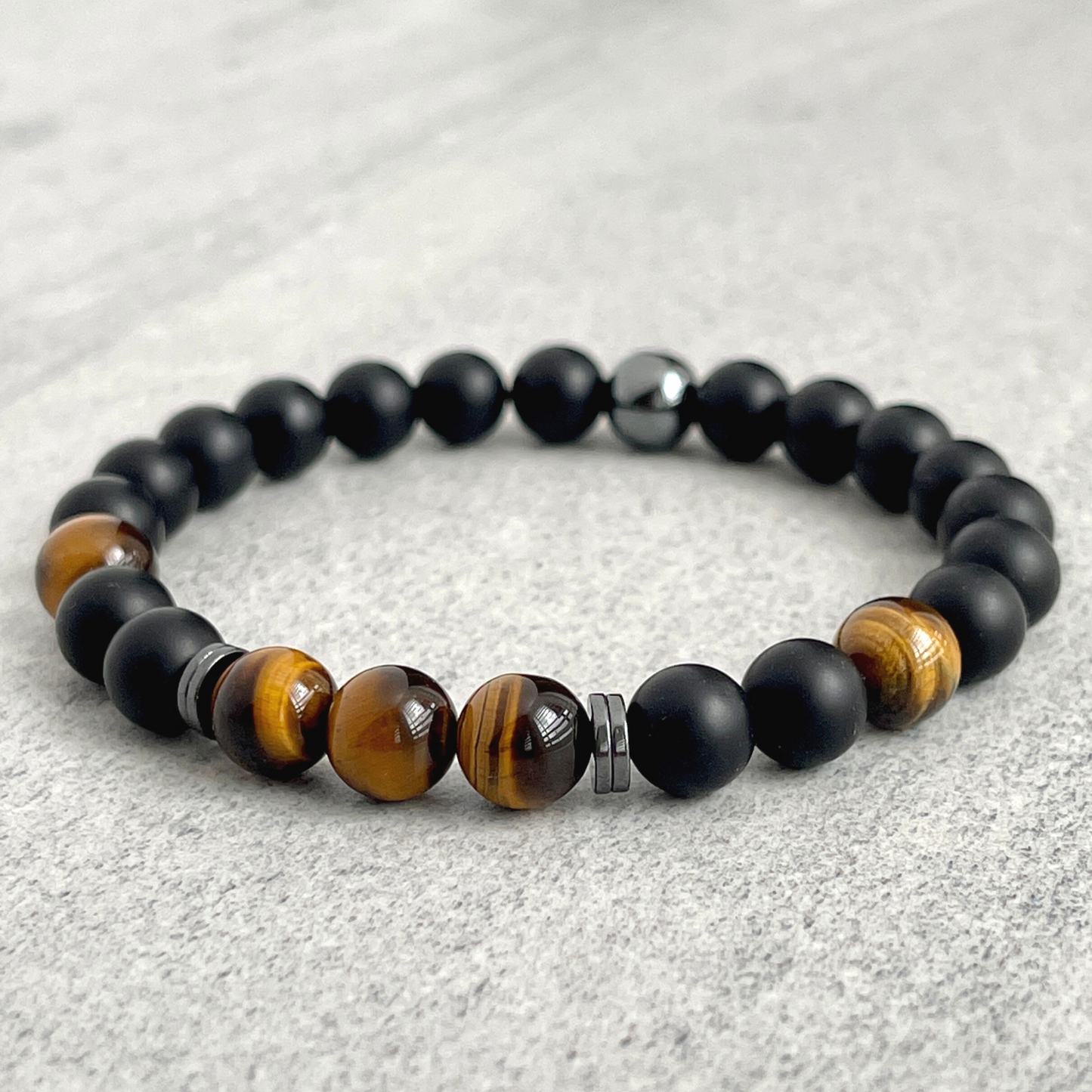 Onyx, Yellow Tiger Eye and Hematite Beaded Stretch Bracelet