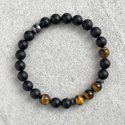 Onyx, Yellow Tiger Eye and Hematite Beaded Stretch Bracelet