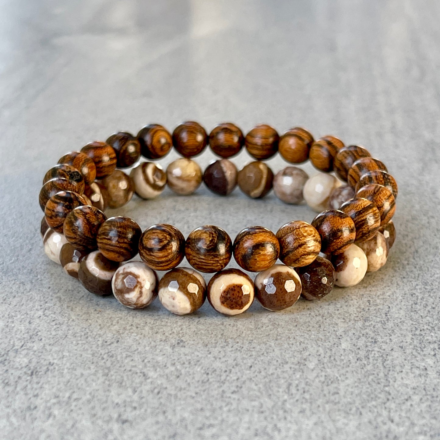 2-Pk Tiger Skin Sandalwood & Brown Zebra Jasper Bracelet