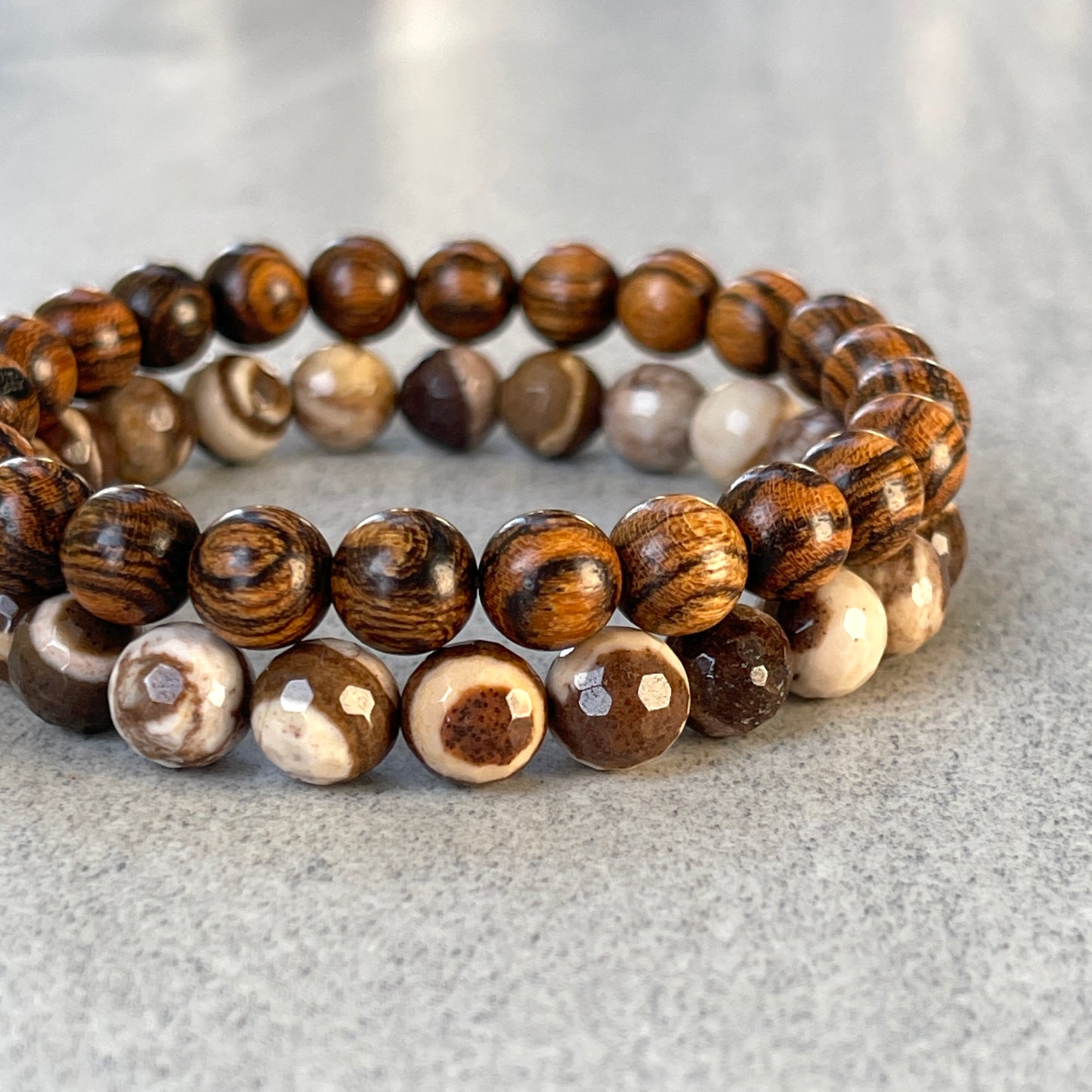 2-Pk Tiger Skin Sandalwood & Brown Zebra Jasper Bracelet