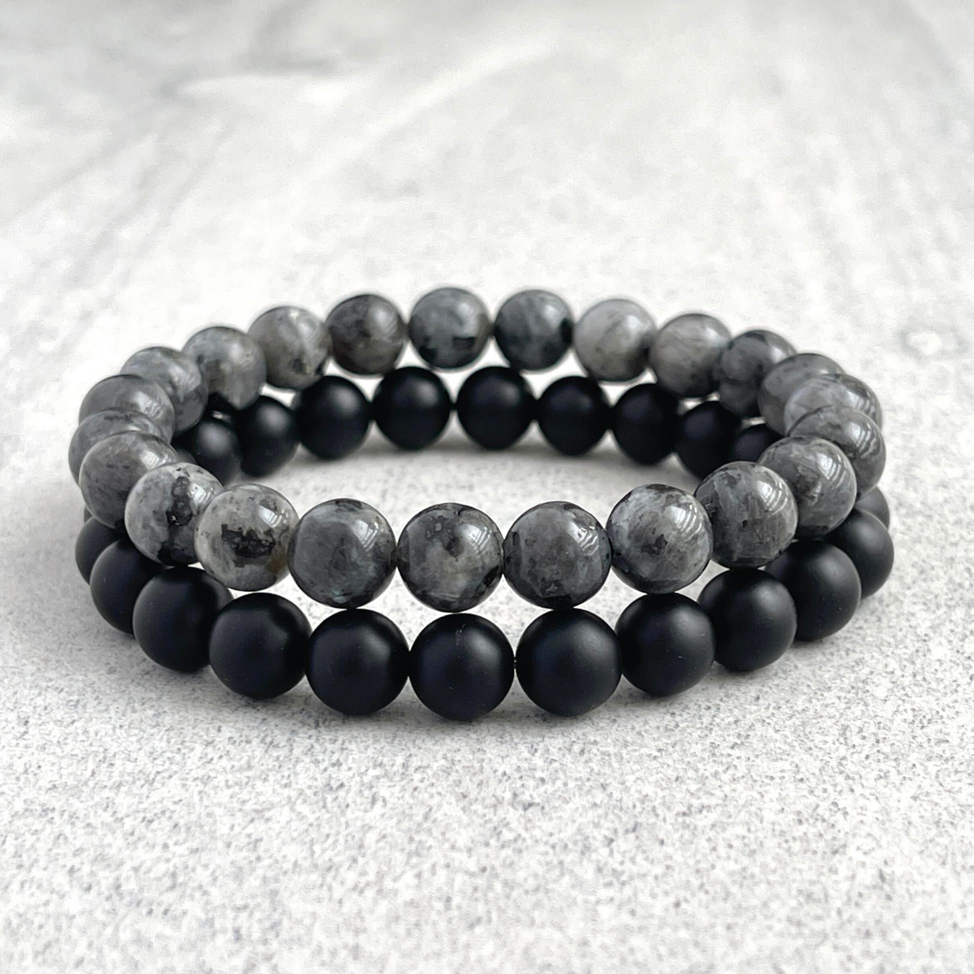 larvikite and matte onyx double beaded bracelet for men