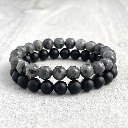 larvikite and matte onyx double beaded bracelet for men