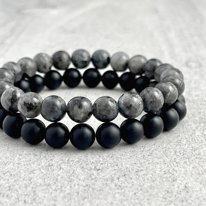 Matte Onyx and Black Labradorite/Larvikite Beaded Stretch Bracelet