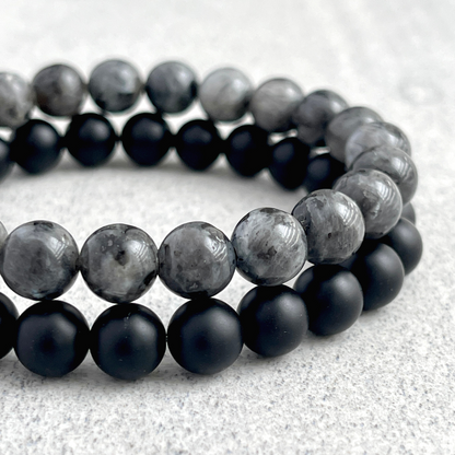 Matte Onyx and Black Labradorite/Larvikite Beaded Stretch Bracelet