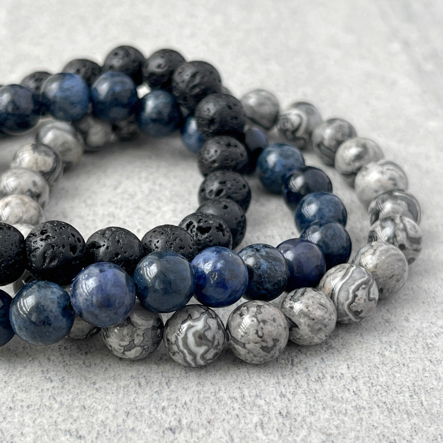 3-Pk, Dumortierite, Grey Picasso Jasper & Black Lava Bracelet Set