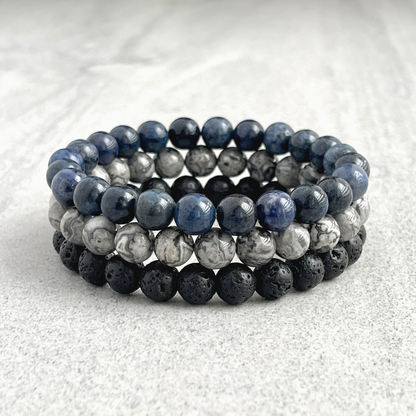 matte onyx, grey picasso jasper and dumortierite triple beaded bracelet for men