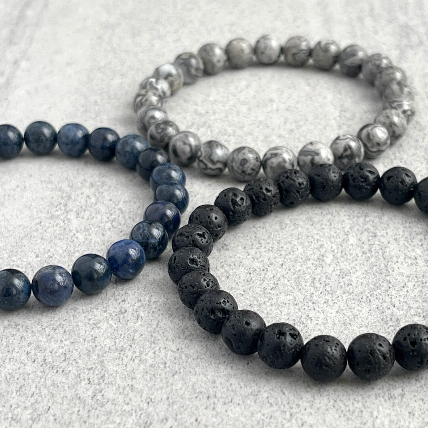 3-Pk, Dumortierite, Grey Picasso Jasper & Black Lava Bracelet Set