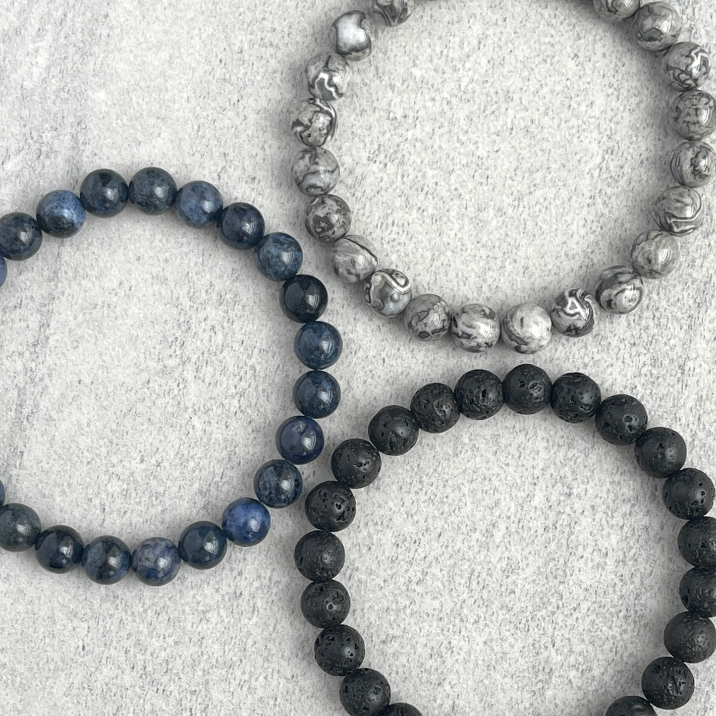 3-Pk, Dumortierite, Grey Picasso Jasper & Black Lava Bracelet Set