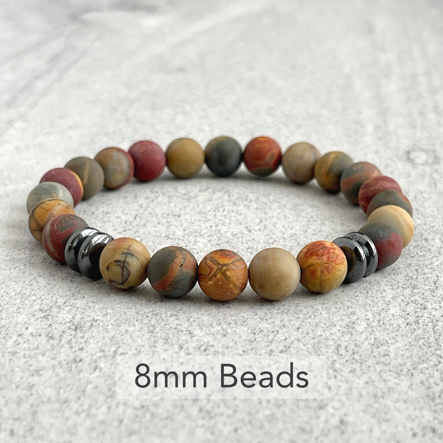 Matte Picasso Jasper Beaded Bracelet with Black Hematite