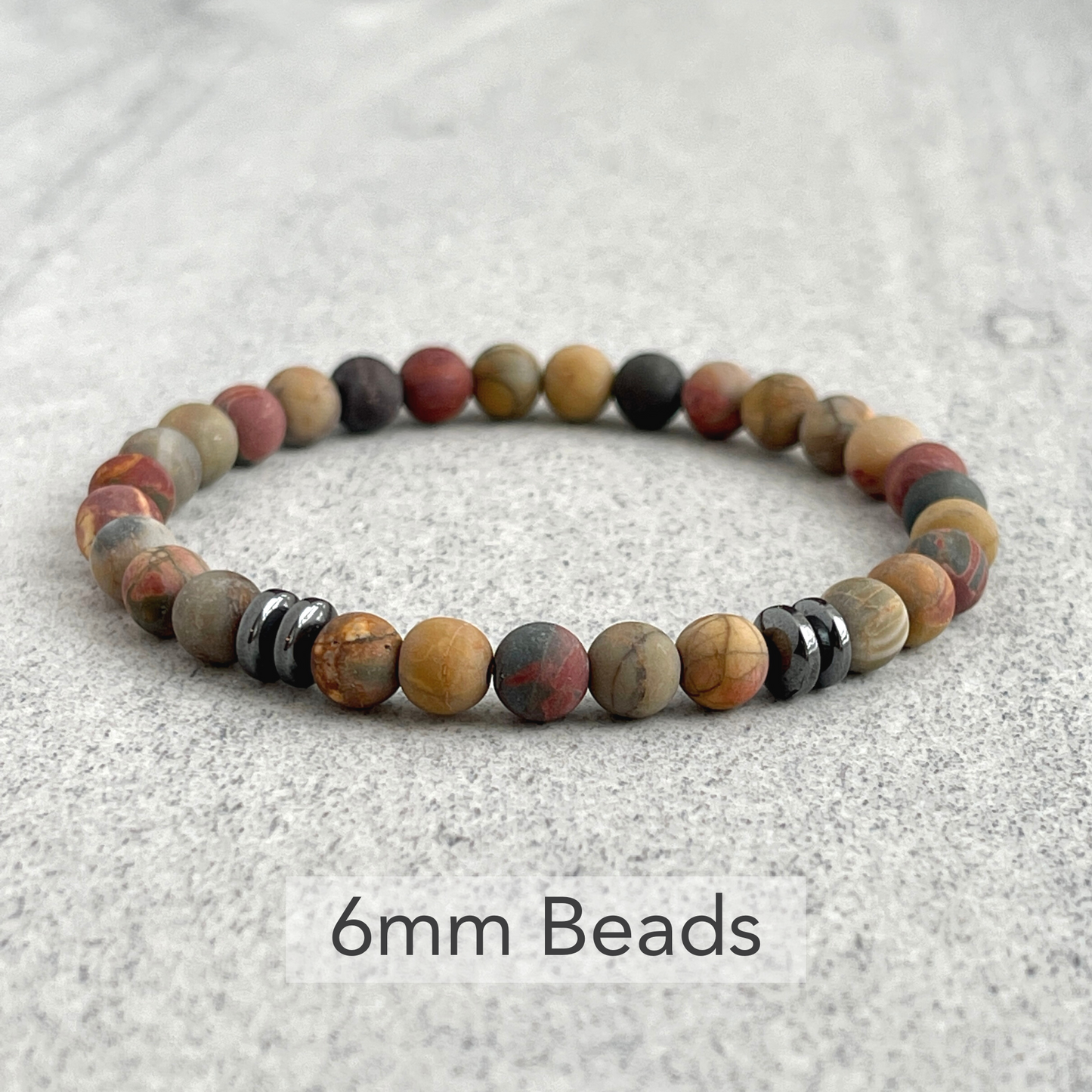 Matte Picasso Jasper Beaded Bracelet with Black Hematite