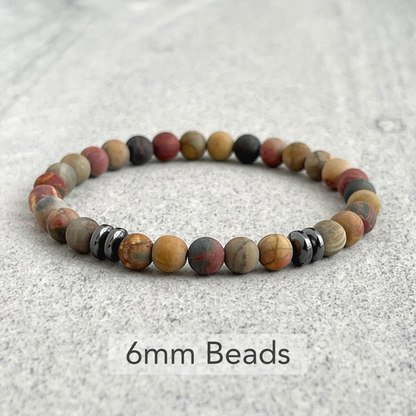 Matte Picasso Jasper Beaded Bracelet with Black Hematite