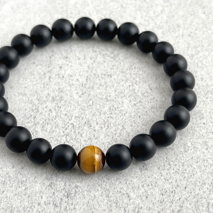 Matte Onyx and Single Yellow Tiger Eye Stretch Bracelet