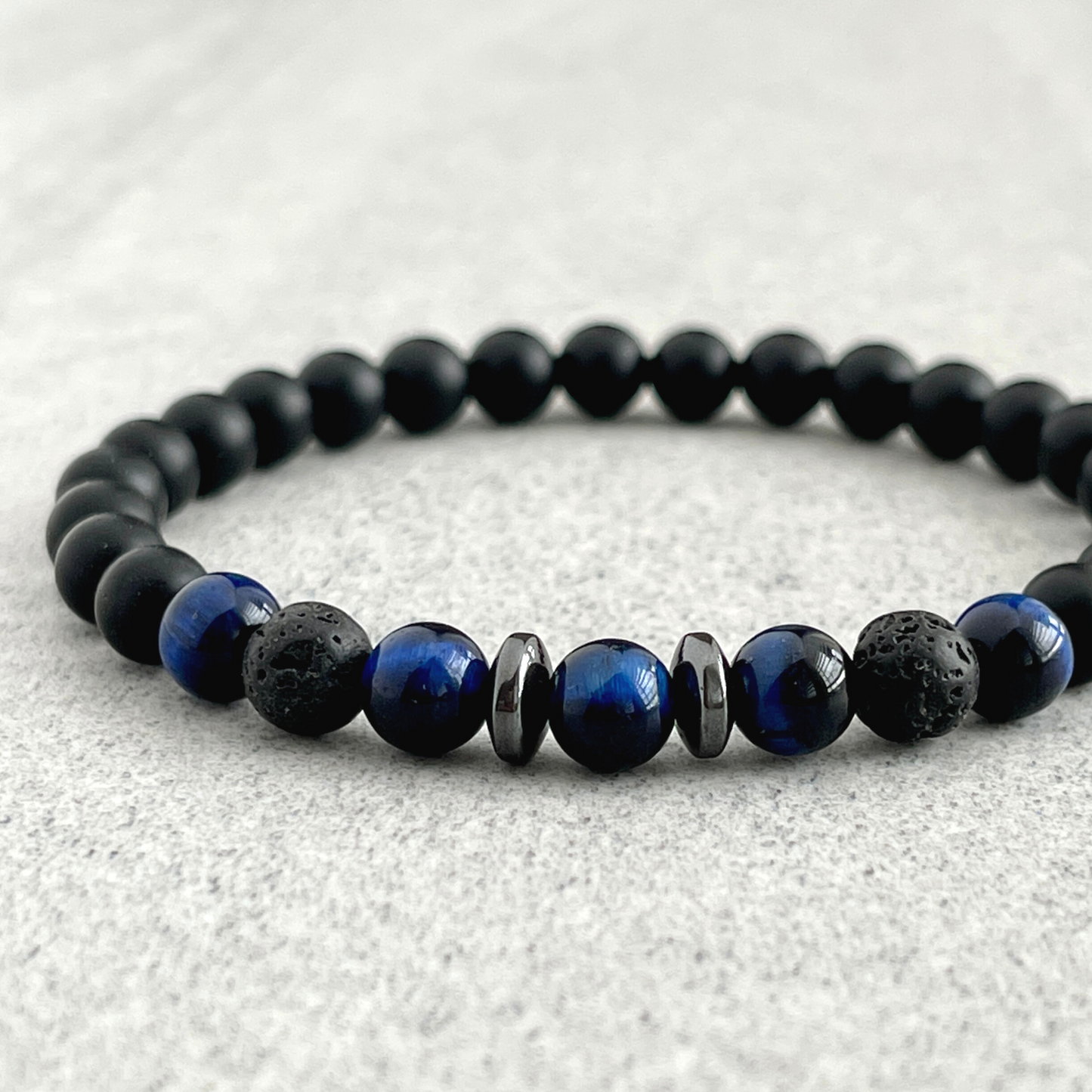 Matte Onyx, Blue Tiger Eye, Black Lava with Hematite Bracelet