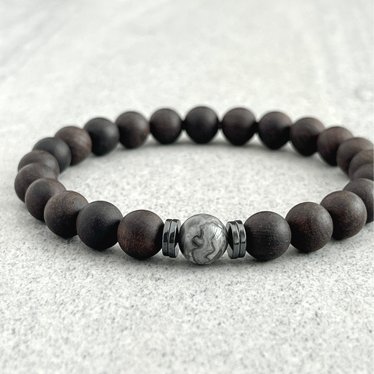 ebony blackwood with grey picasso jasper beaded bracelet for men