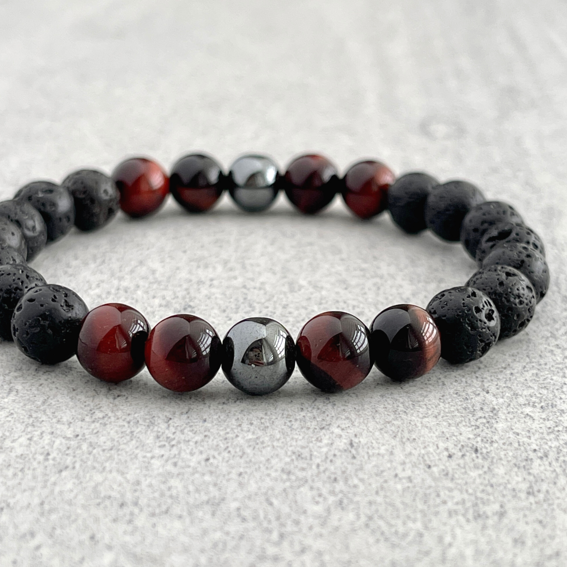 black lava with red tiger eye beaded bracelet for men