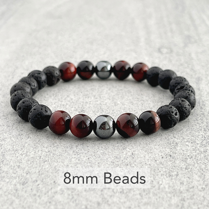 Black Lava, Red Tiger Eye and Hematite Beaded Stretch Bracelet