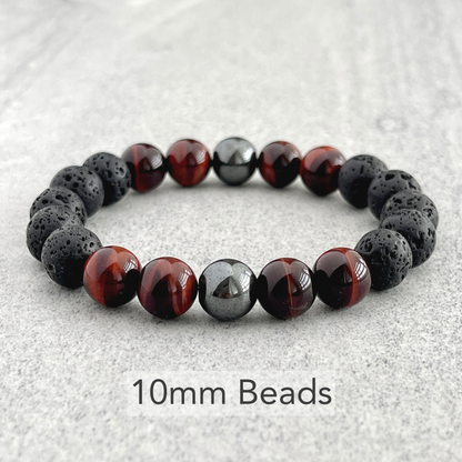 Black Lava, Red Tiger Eye and Hematite Beaded Stretch Bracelet