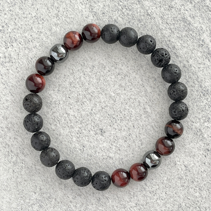 Black Lava, Red Tiger Eye and Hematite Beaded Stretch Bracelet