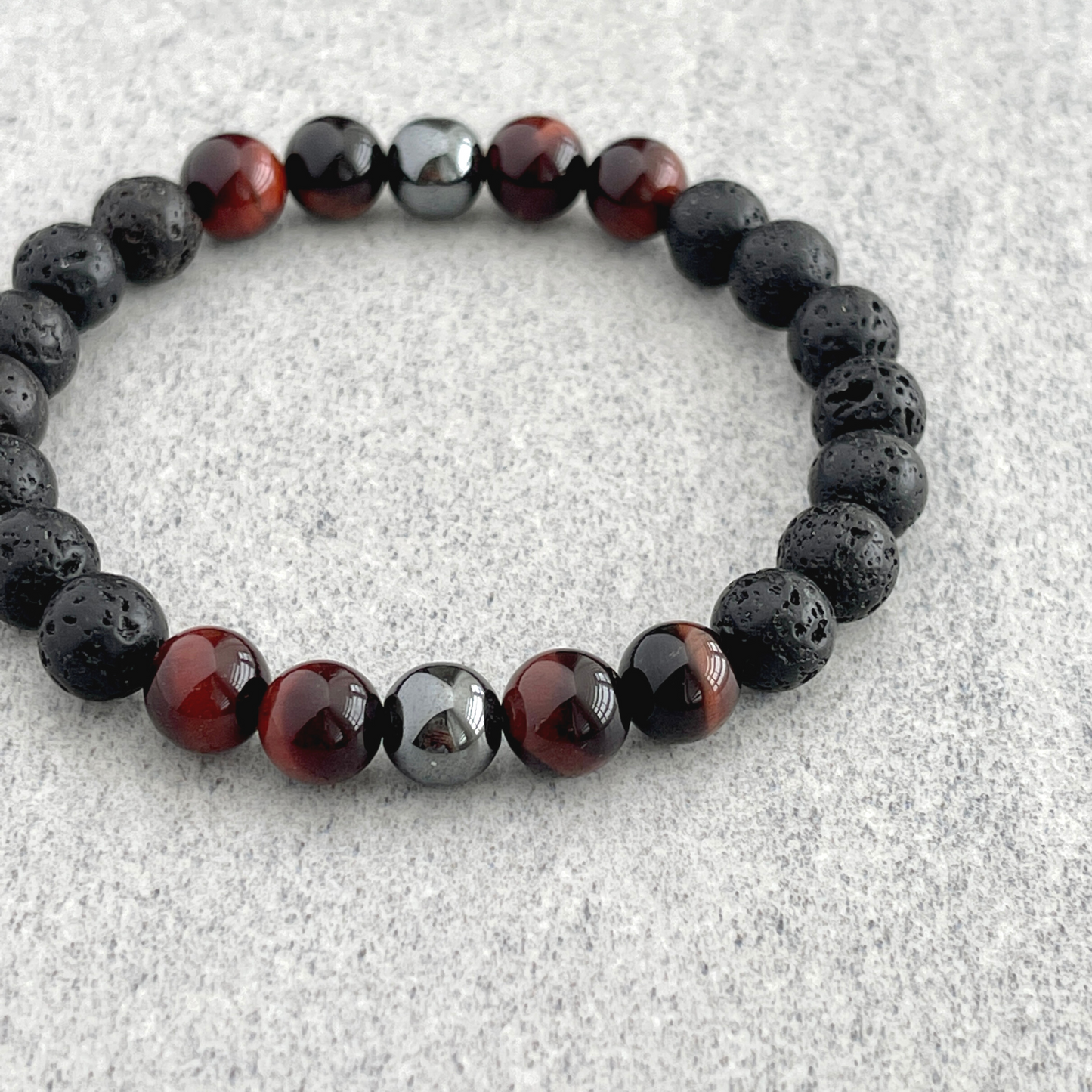 Black Lava, Red Tiger Eye and Hematite Beaded Stretch Bracelet