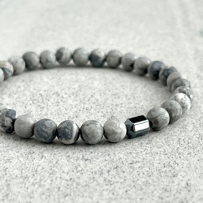 matte grey picasso jasper with hematite beaded bracelet for men