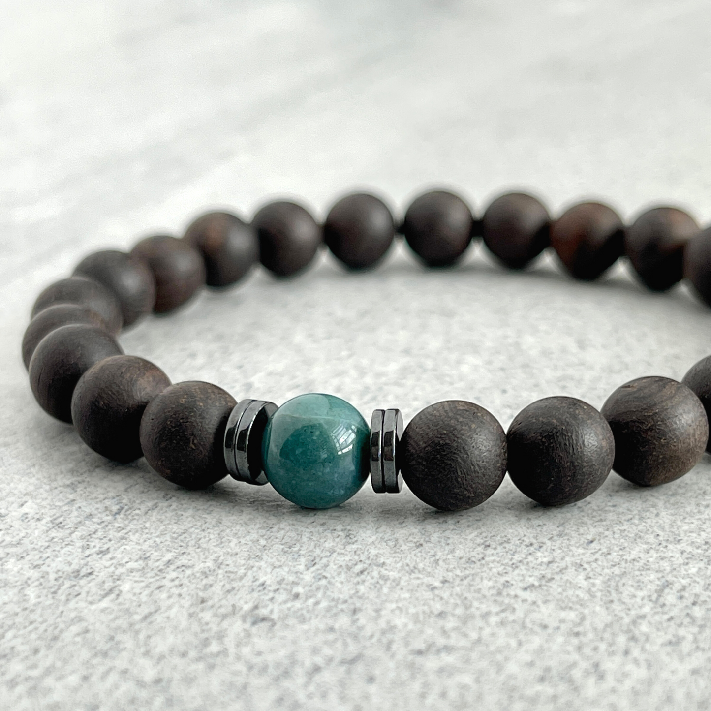 Ebony Blackwood Wooden Bracelet with a Single Moss Agate