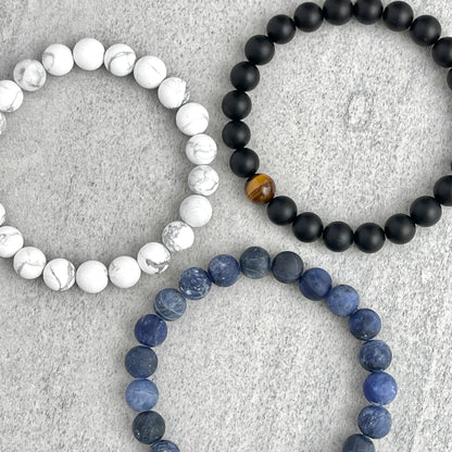 3-Pk, Matte Onyx with a Single Tiger Eye, Matte Sodalite, Matte White Howlite