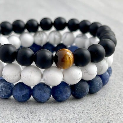 3-Pk, Matte Onyx with a Single Tiger Eye, Matte Sodalite, Matte White Howlite