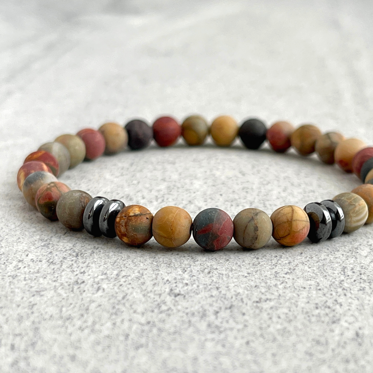 Matte Picasso Jasper Beaded Bracelet with Black Hematite