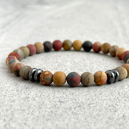 Matte Picasso Jasper Beaded Bracelet with Black Hematite