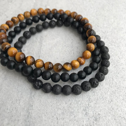 yellow tiger eye, matte onyx and black lava triple beaded bracelet for men