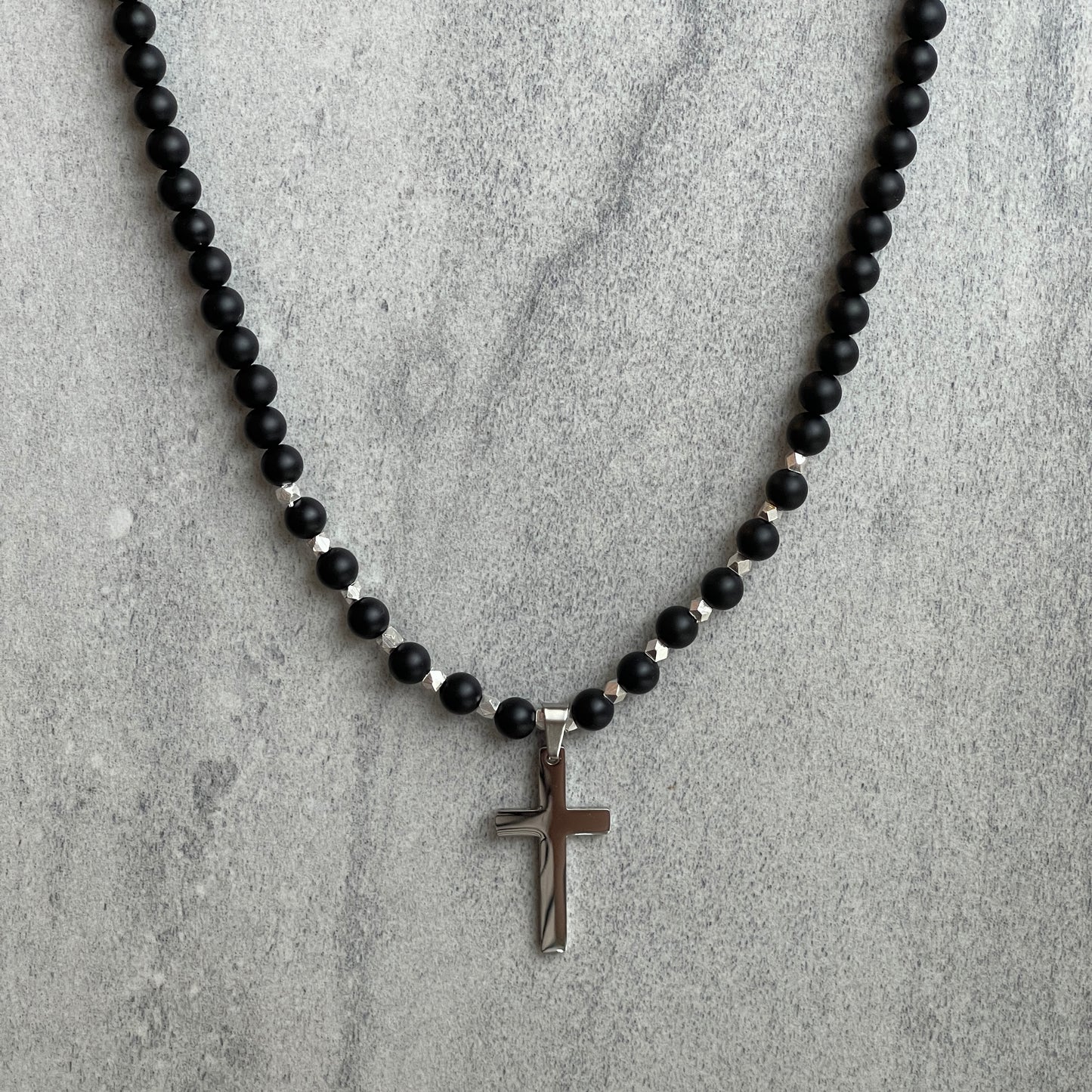 Matte Onyx Beaded Necklace with Stainless Steel Cross and Sterling Accents