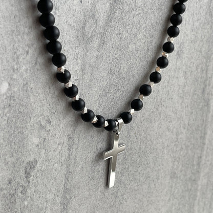 Matte Onyx Beaded Necklace with Stainless Steel Cross and Sterling Accents