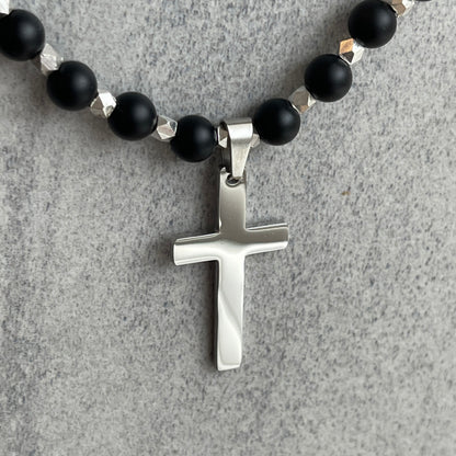 Matte Onyx Beaded Necklace with Stainless Steel Cross and Sterling Accents