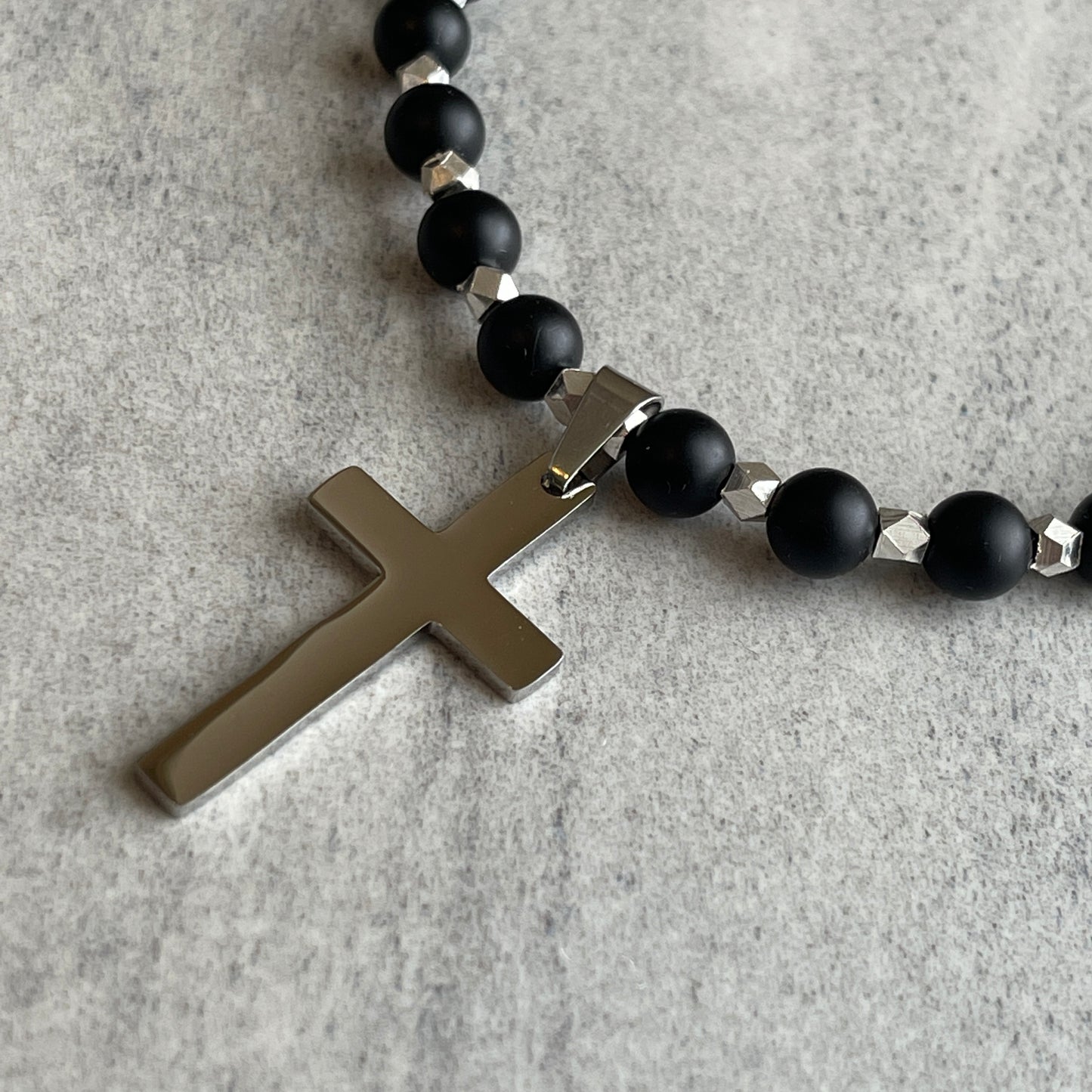 Matte Onyx Beaded Necklace with Stainless Steel Cross and Sterling Accents