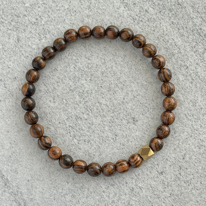 Tiger Skin Sandalwood Beaded Bracelet with Faceted Brass