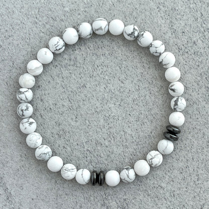 Matte White Howlite Beaded Bracelet with Black Hematite