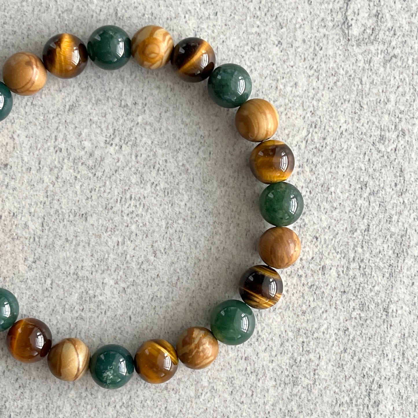 Moss Agate, Yellow Tiger Eye & Wood Jasper Beaded Bracelet