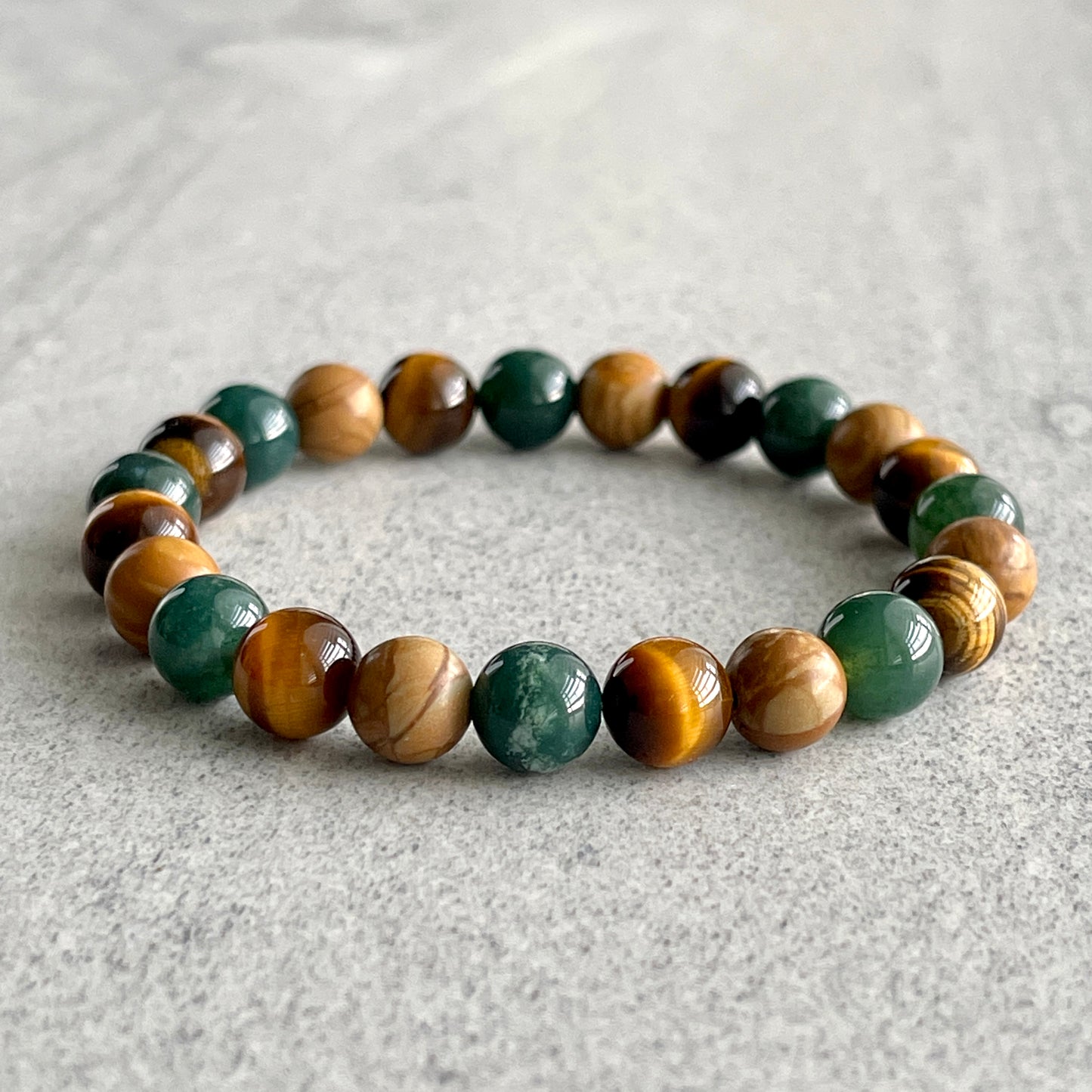 Moss Agate, Yellow Tiger Eye & Wood Jasper Beaded Bracelet