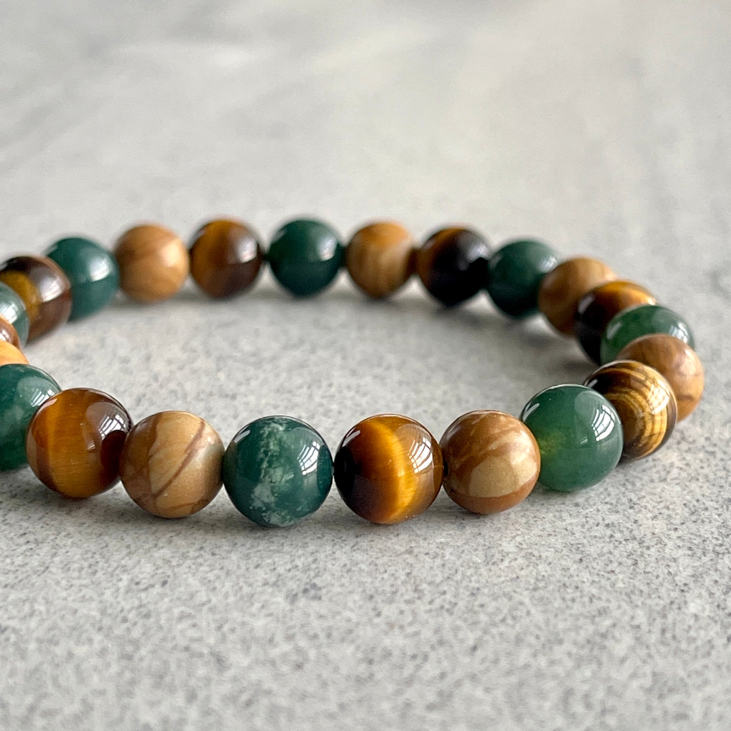 Moss Agate, Yellow Tiger Eye & Wood Jasper Beaded Bracelet