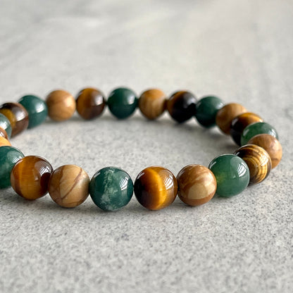 Moss Agate, Yellow Tiger Eye & Wood Jasper Beaded Bracelet