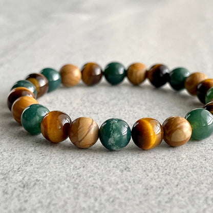 Moss Agate, Yellow Tiger Eye & Wood Jasper Beaded Bracelet