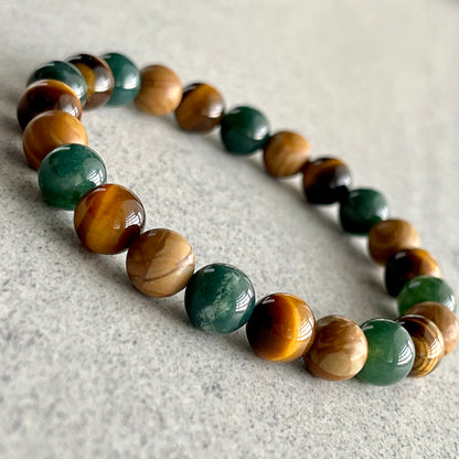 Moss Agate, Yellow Tiger Eye & Wood Jasper Beaded Bracelet