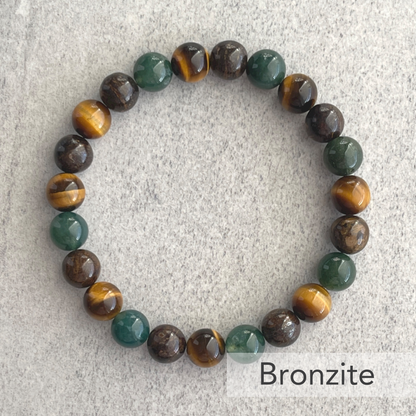 Moss Agate, Yellow Tiger Eye & Wood Jasper Beaded Bracelet