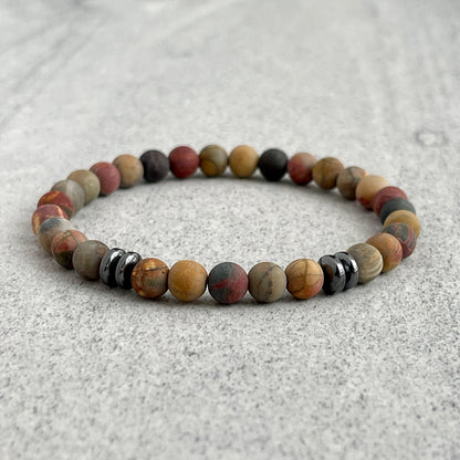 Matte Picasso Jasper Beaded Bracelet with Black Hematite