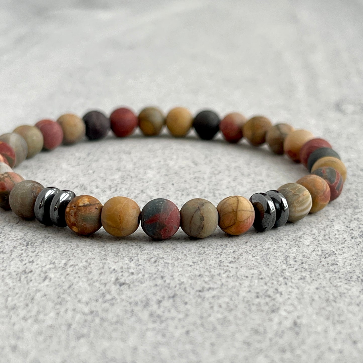 Matte Picasso Jasper Beaded Bracelet with Black Hematite