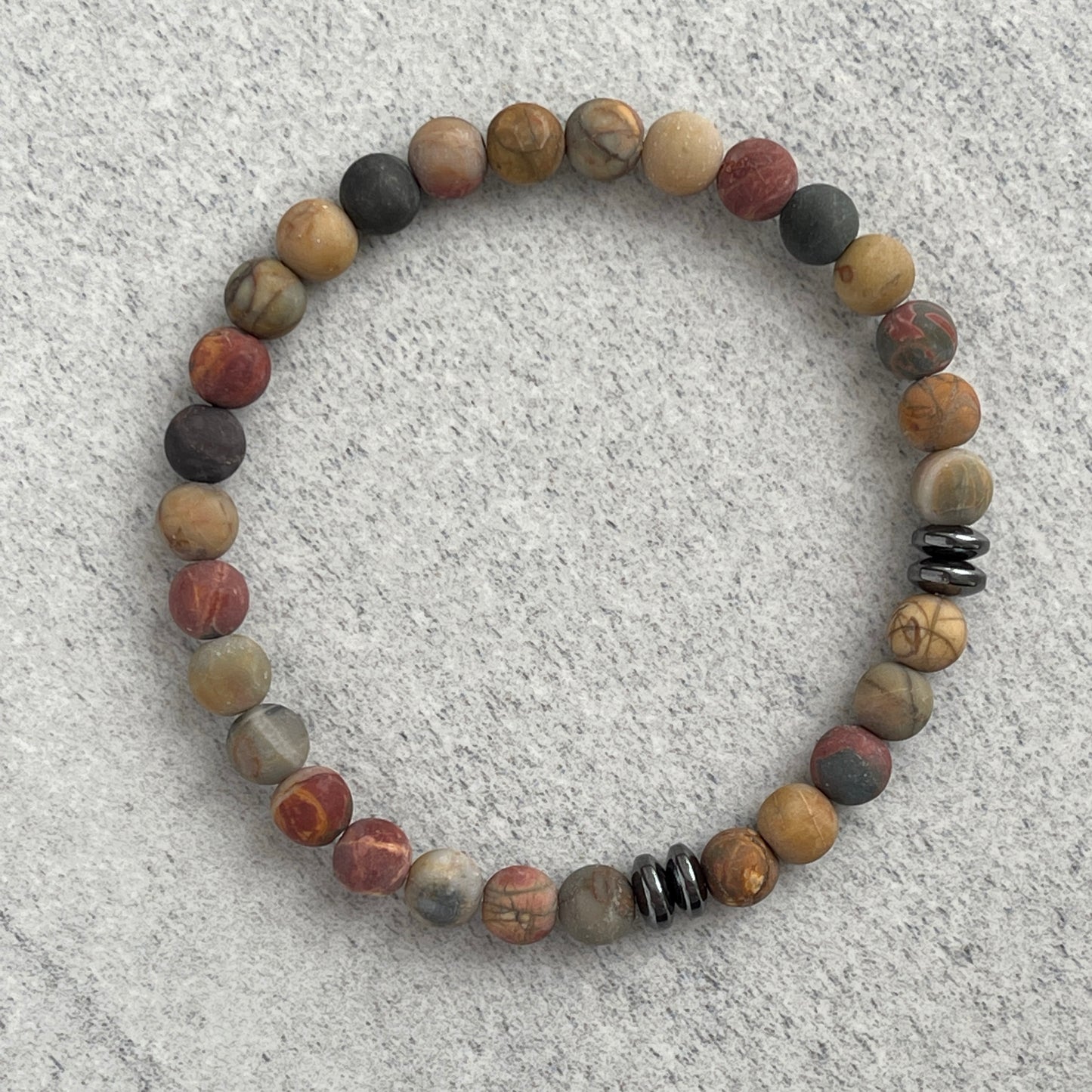 Matte Picasso Jasper Beaded Bracelet with Black Hematite