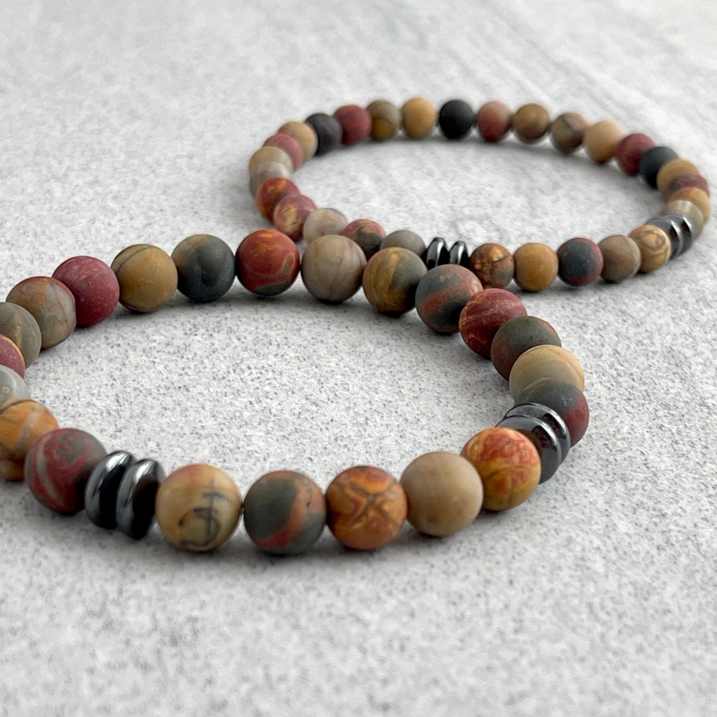 Matte Picasso Jasper Beaded Bracelet with Black Hematite