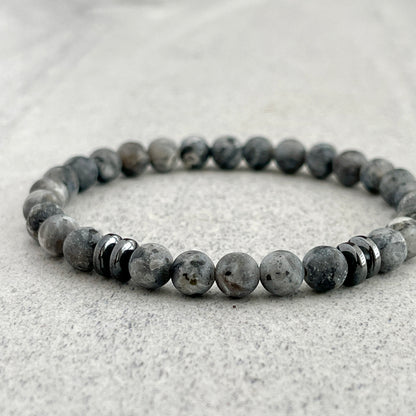 matte black labradorite/larvikite beaded bracelet for men