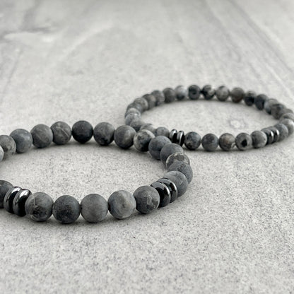 Matte Black Labradorite Beaded Bracelet with Black Hematite